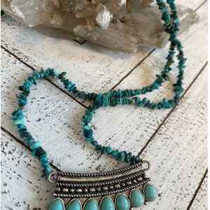 Turquoise Beaded Necklace with Silver Accents Tribal Western